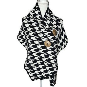 Katie Todd Black White Houndstooth Knit Wrap Shawl Large Wooden Buttons Scarf